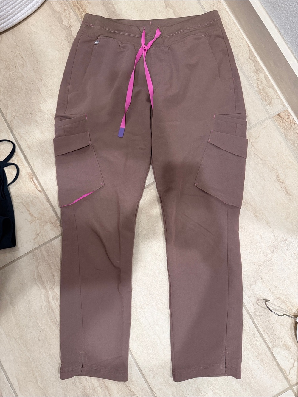 Figs Brown Cargo Jogger Pants with Pink Drawstring